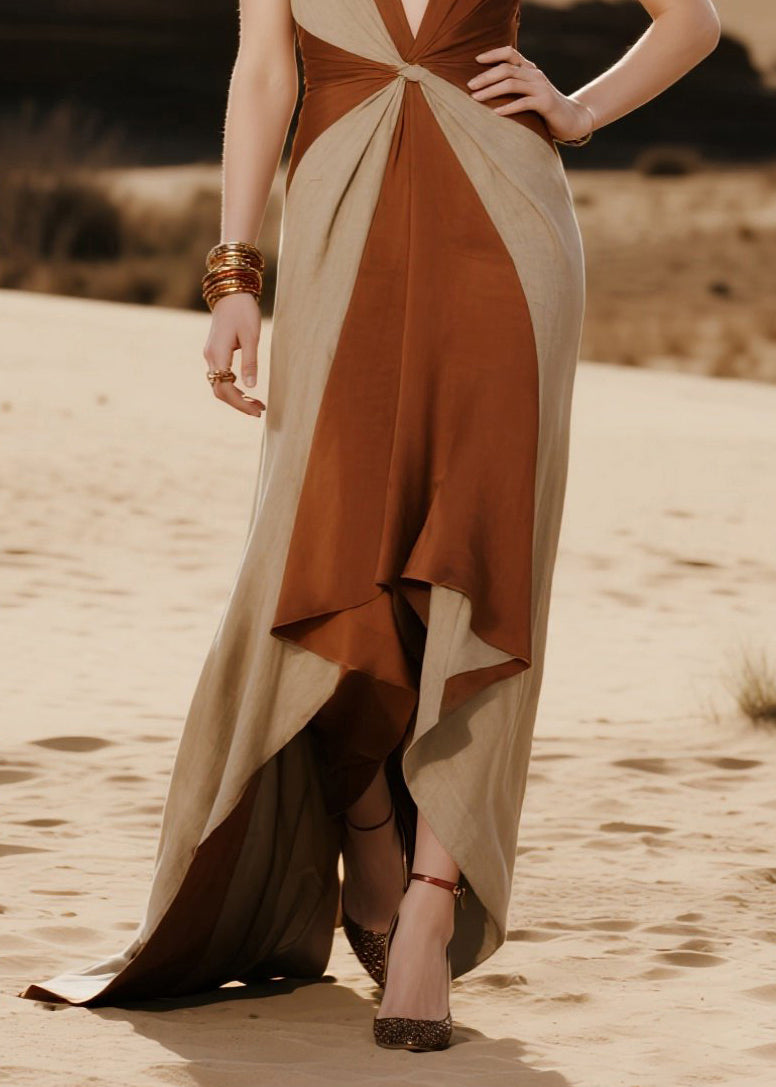 Women Brown Deep-V Neck Patchwork Cotton Vestidos Dresses Summer