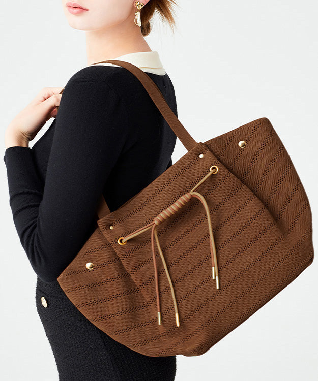 Women Brown Drawstring Striped Cotton Shoulder Bags