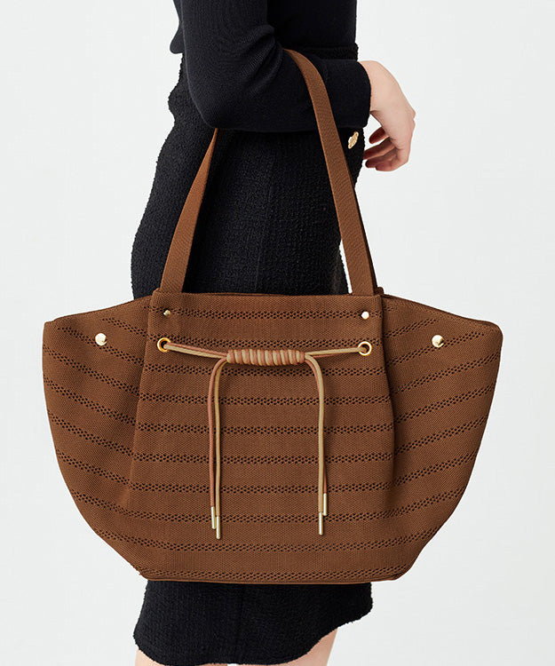 Women Brown Drawstring Striped Cotton Shoulder Bags