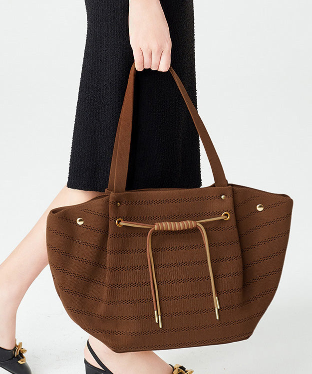 Women Brown Drawstring Striped Cotton Shoulder Bags