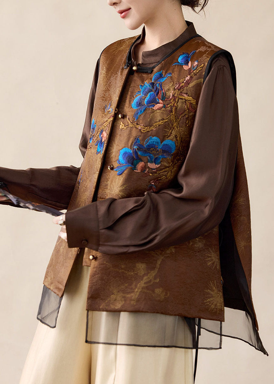 Women Brown Embroidered Patchwork Satin Fake Two Piece Tops Fall