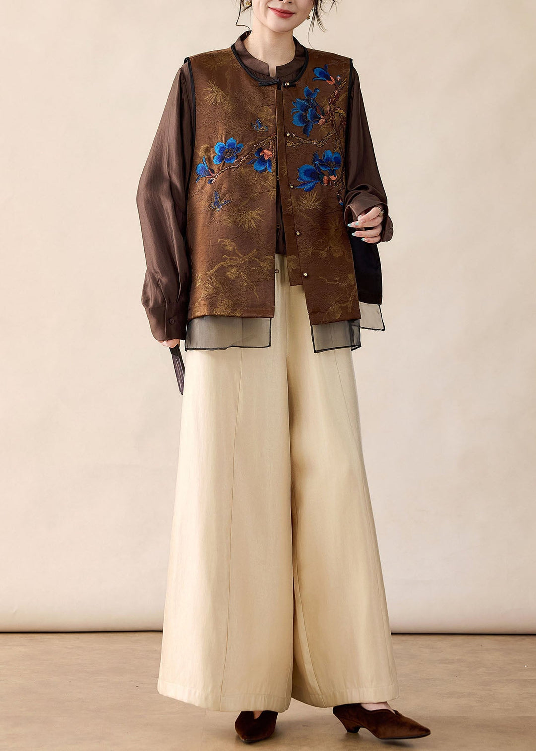 Women Brown Embroidered Patchwork Satin Fake Two Piece Tops Fall