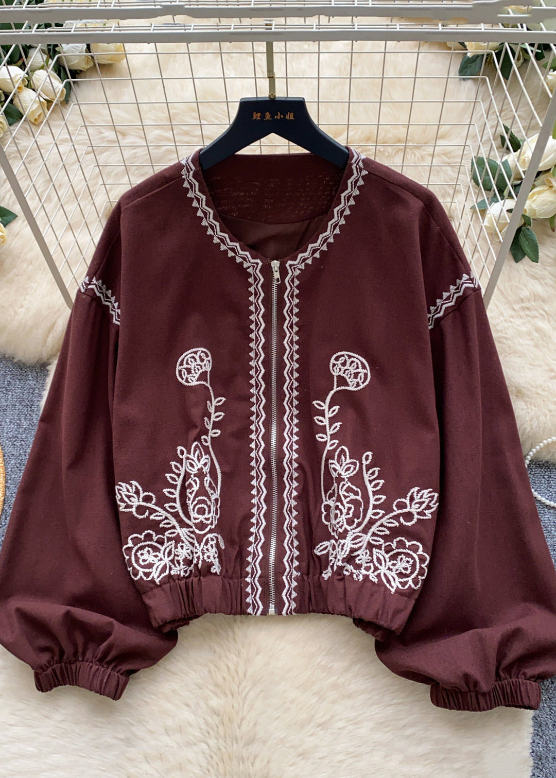 Women Brown Embroidered Zippered Cotton Coats Fall