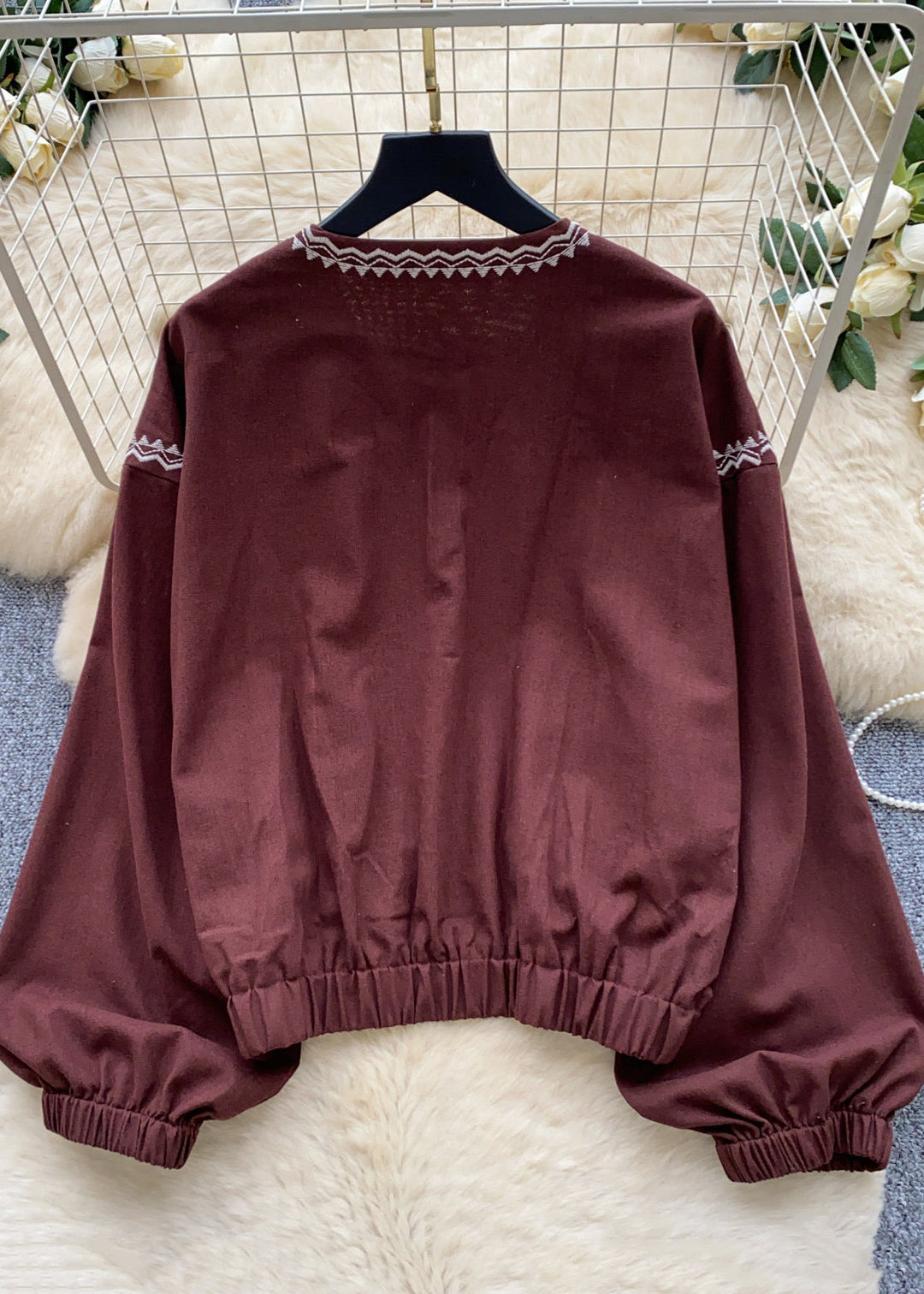 Women Brown Embroidered Zippered Cotton Coats Fall