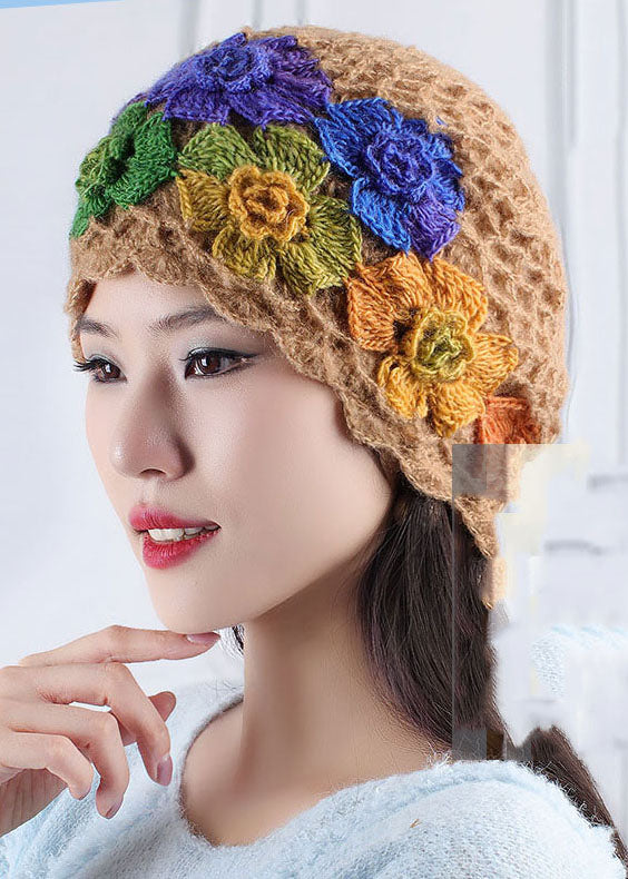 Women Brown Floral Knitted Cotton Bonnie Hat