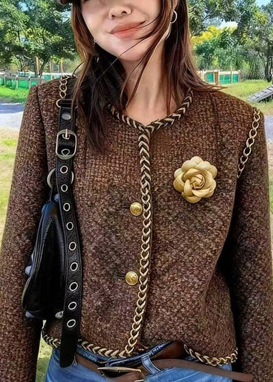 Women Brown O Neck Button Floral Cotton Short Coat Spring