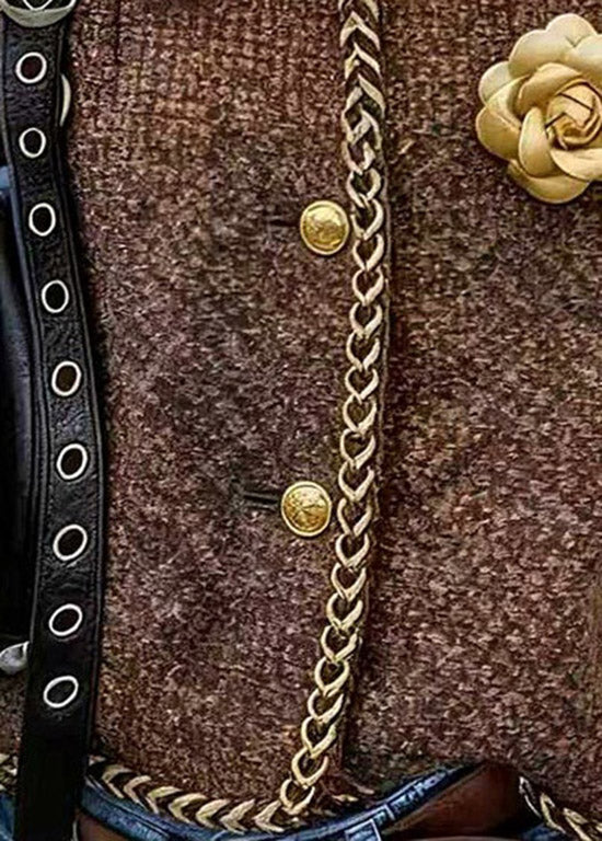 Women Brown O Neck Button Floral Cotton Short Coat Spring