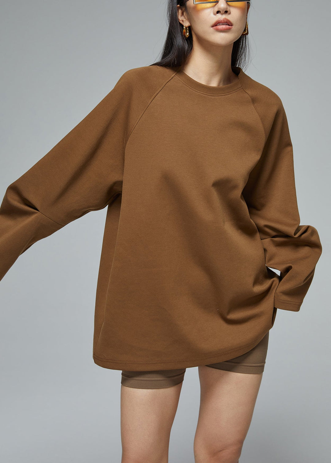 Women Brown O Neck Solid Cotton Sweatshirt Fall