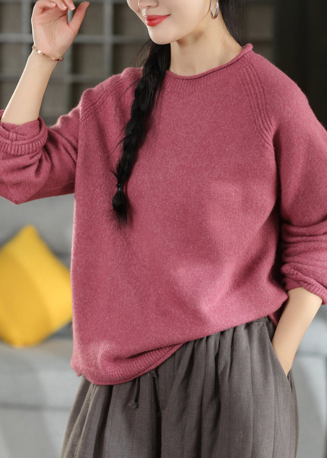 Women Brown O Neck Thick Warm Knit Sweater Tops Fall