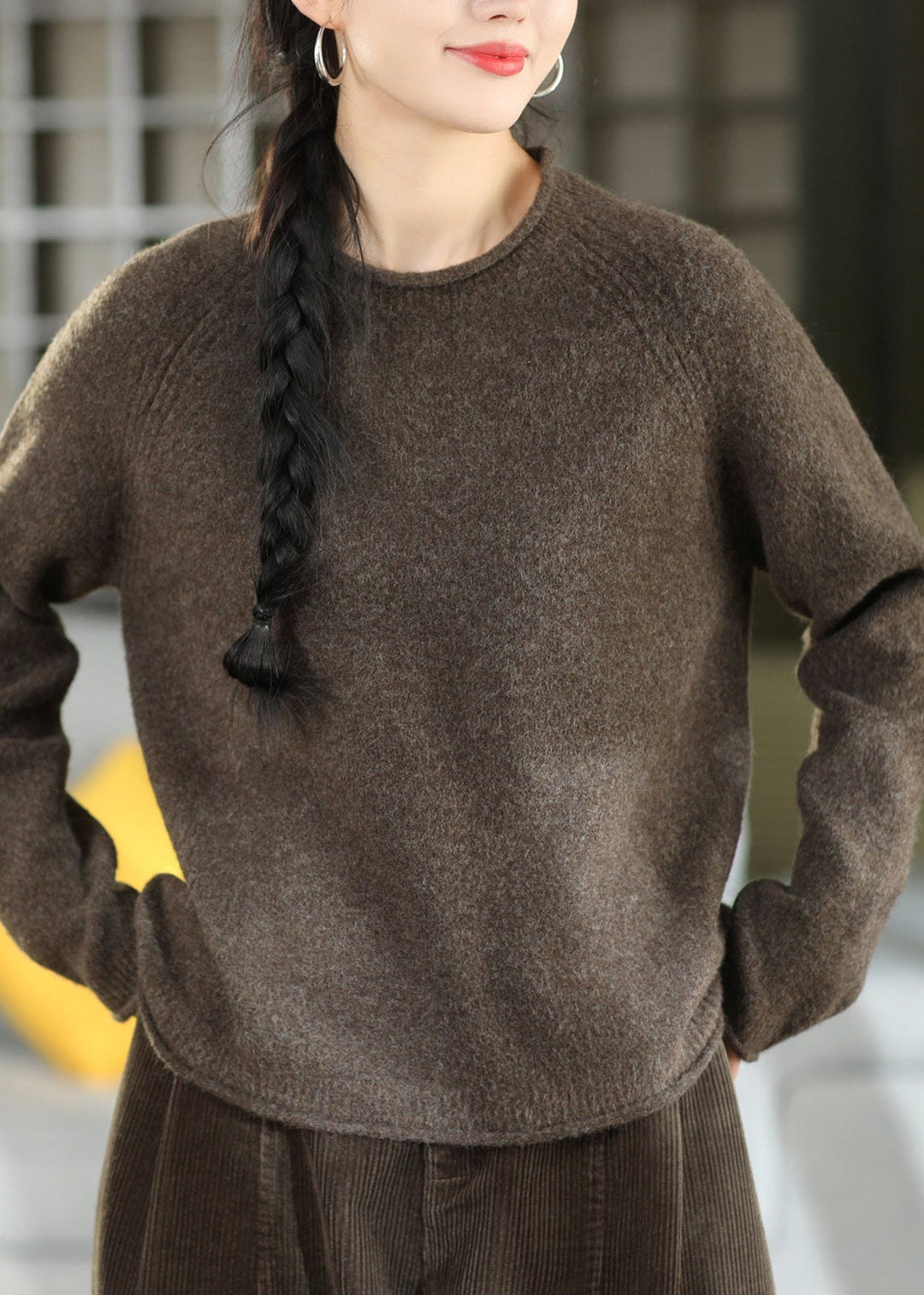 Women Brown O Neck Thick Warm Knit Sweater Tops Fall