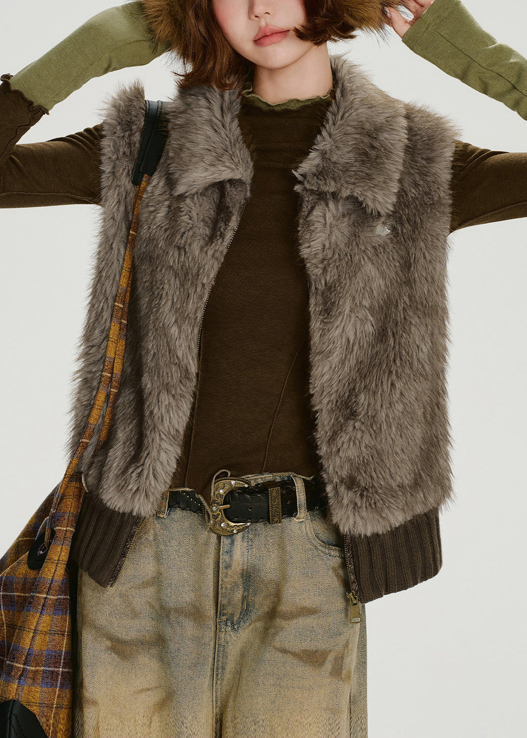 Women Brown Oversized Patchwork Faux Fur Vests Winter