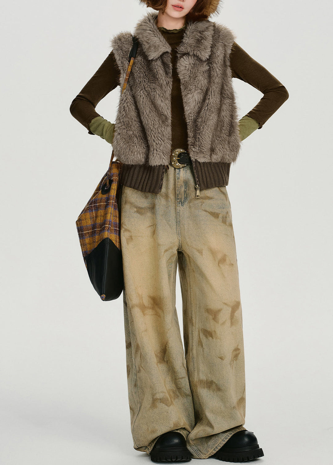 Women Brown Oversized Patchwork Faux Fur Vests Winter