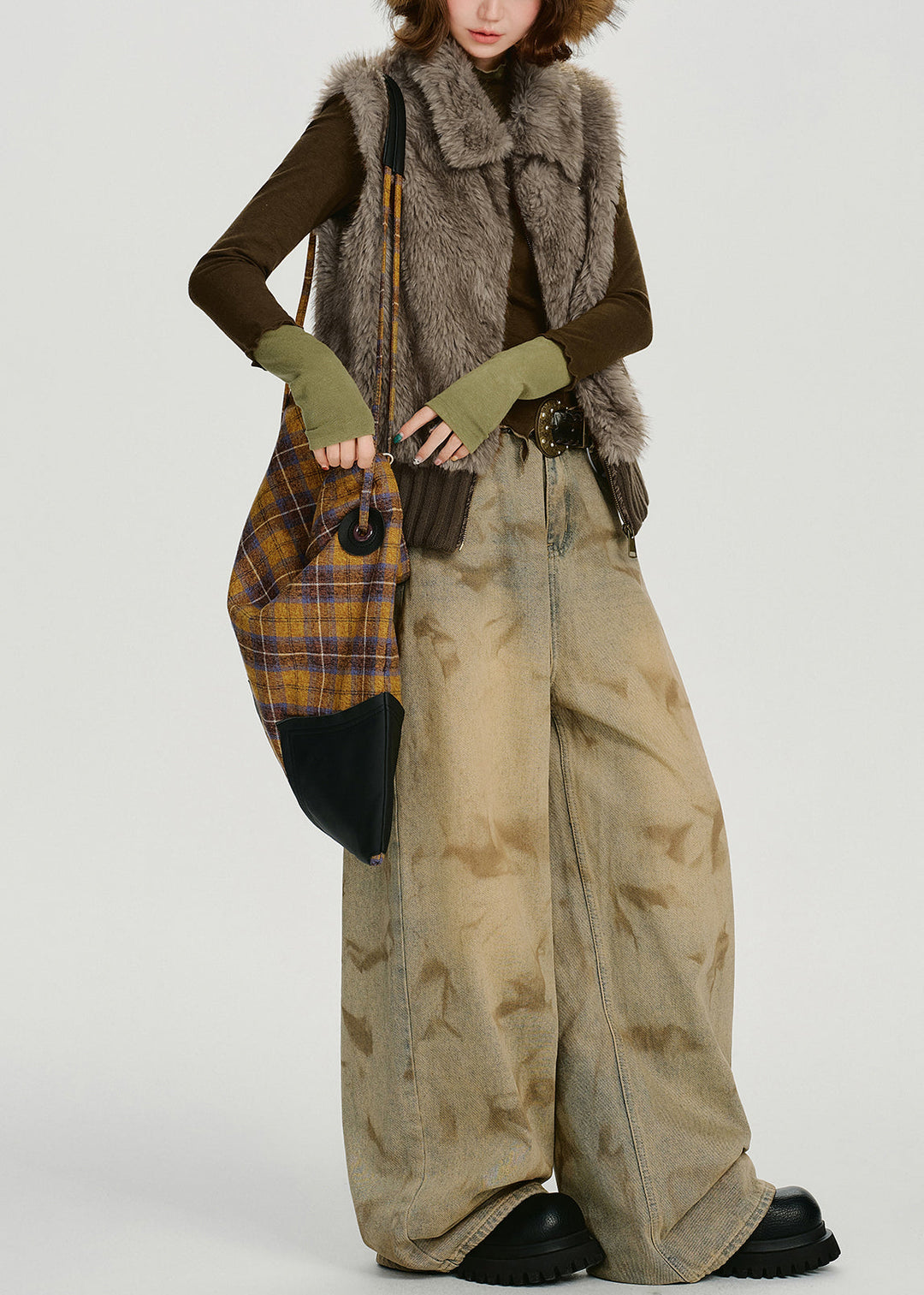 Women Brown Oversized Patchwork Faux Fur Vests Winter