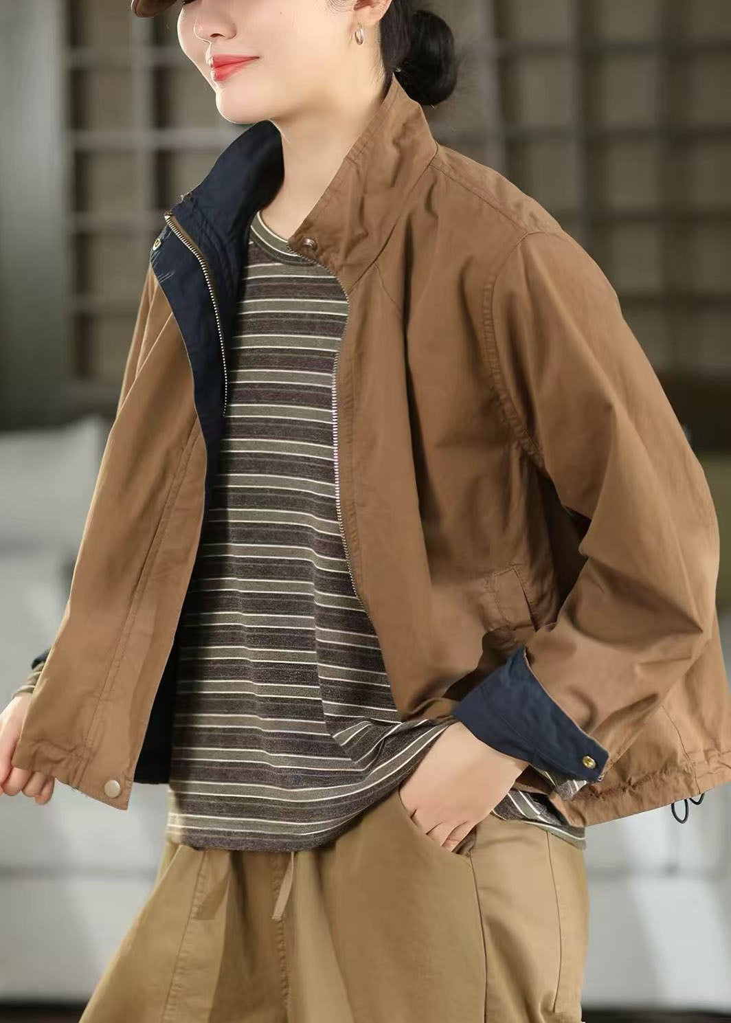 Women Brown Oversized Pockets Cotton Coat Outwear Fall