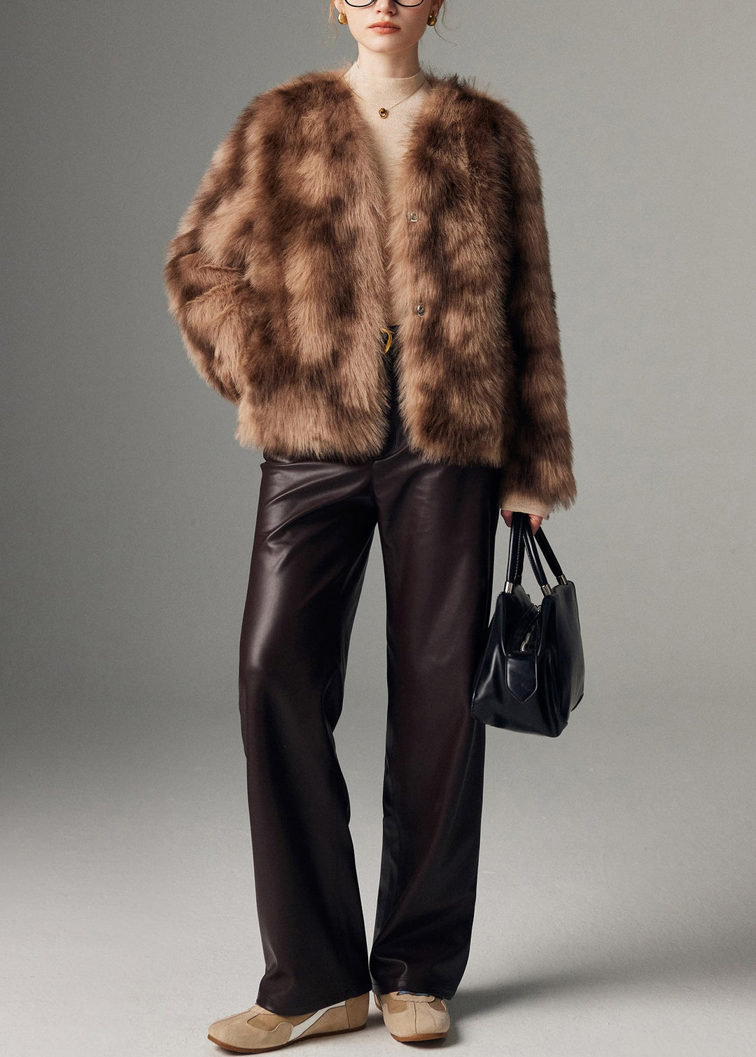 Women Brown Oversized Tie Dye Faux Fur Coat Winter