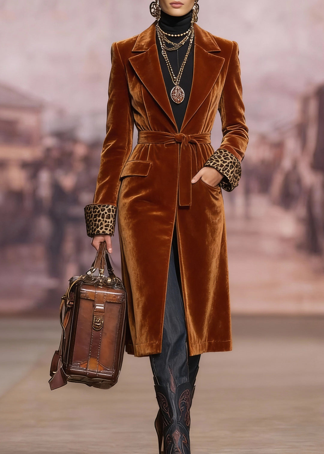 Women Brown Peter Pan Collar Lace Up Velvet Coat Spring