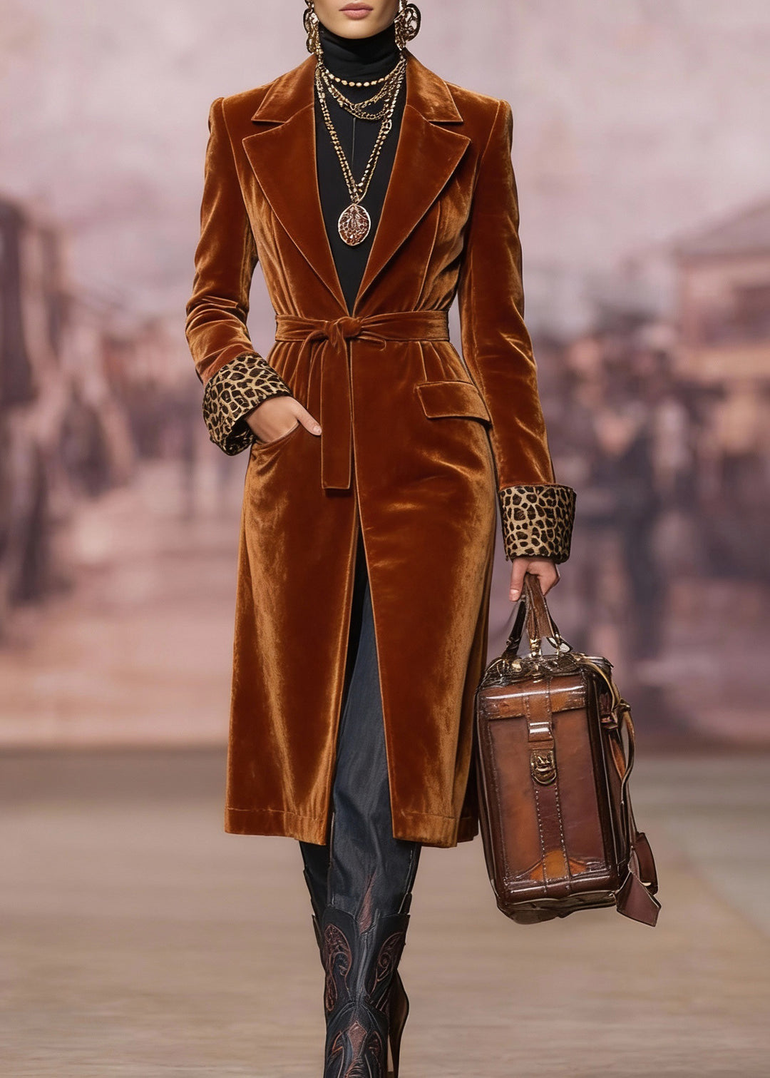 Women Brown Peter Pan Collar Lace Up Velvet Coat Spring