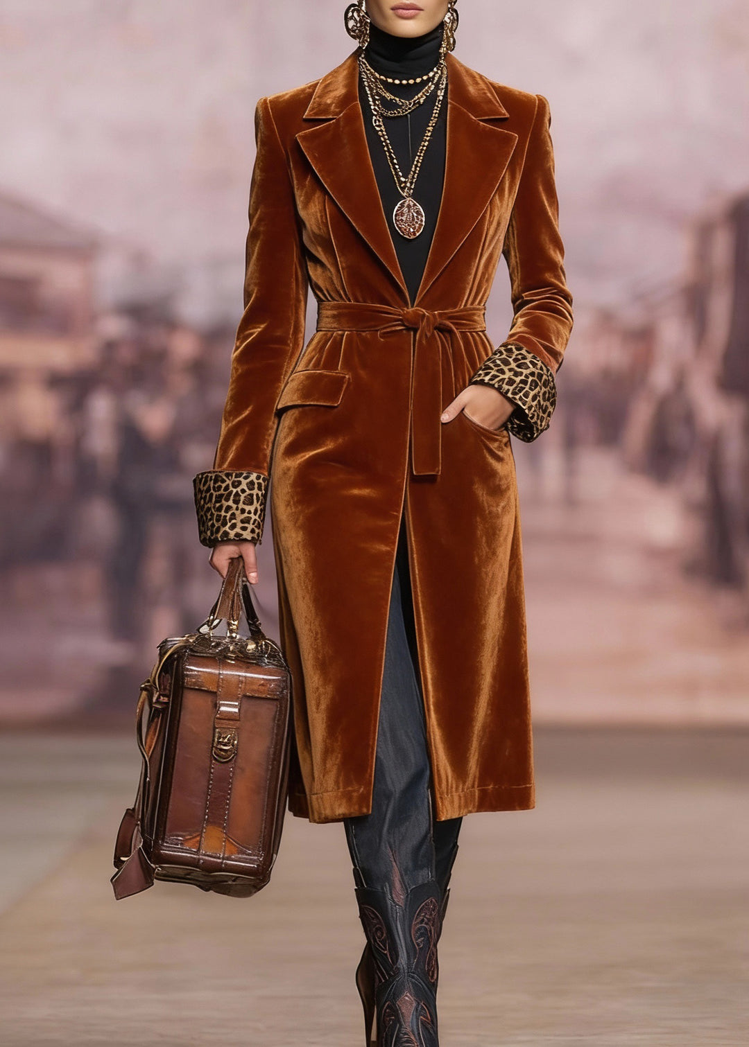 Women Brown Peter Pan Collar Lace Up Velvet Coat Spring