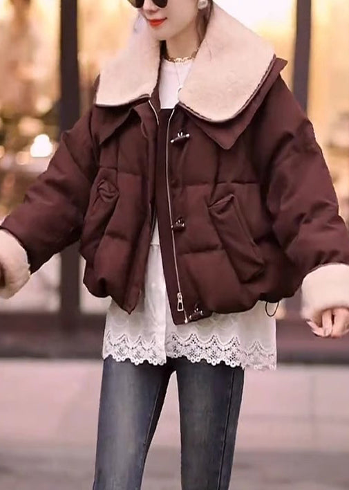 Women Brown Peter Pan Collar Patchwork Fine Cotton Filled Jackets Winter