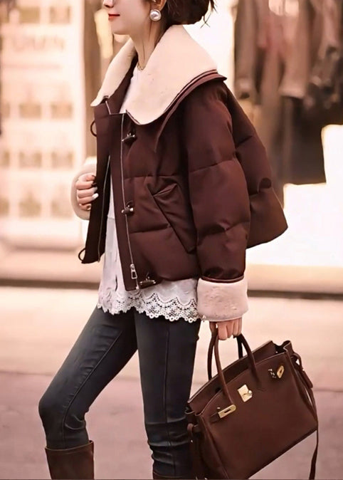 Women Brown Peter Pan Collar Patchwork Fine Cotton Filled Jackets Winter
