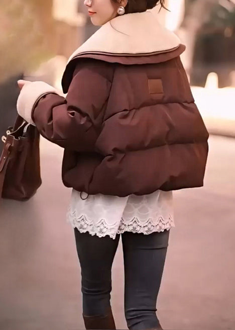 Women Brown Peter Pan Collar Patchwork Fine Cotton Filled Jackets Winter