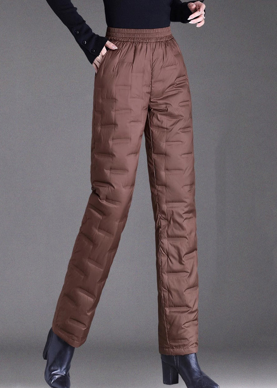 Women Brown Pockets Elastic Waist Duck Down Filled Pants Winter