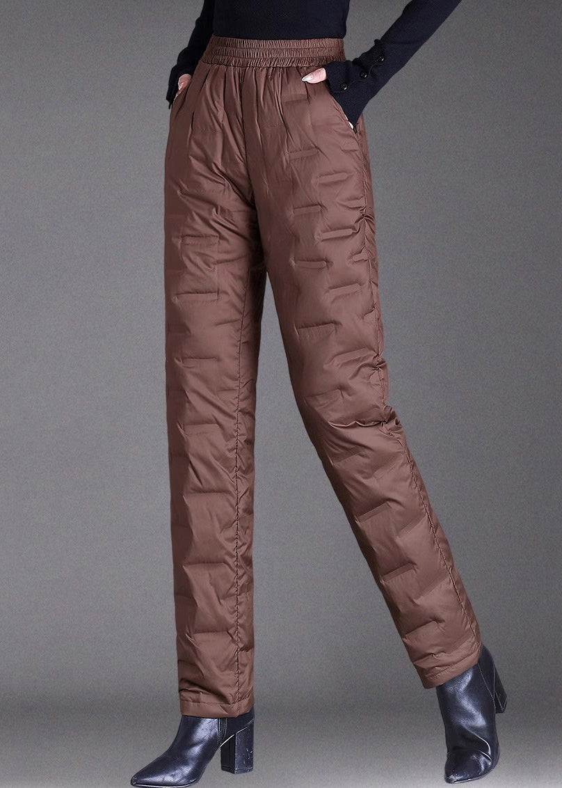 Women Brown Pockets Elastic Waist Duck Down Filled Pants Winter