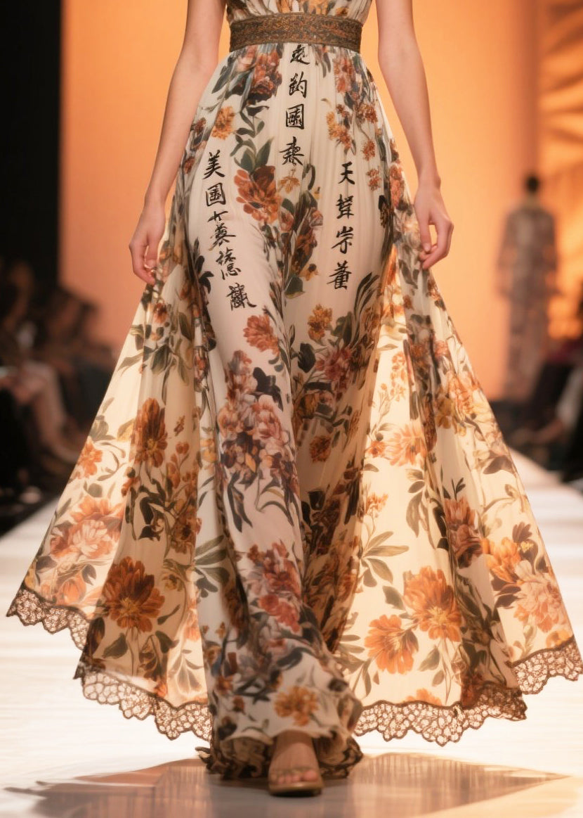 Women Brown Print Draping Chiffon Vestidos Dresses Summer
