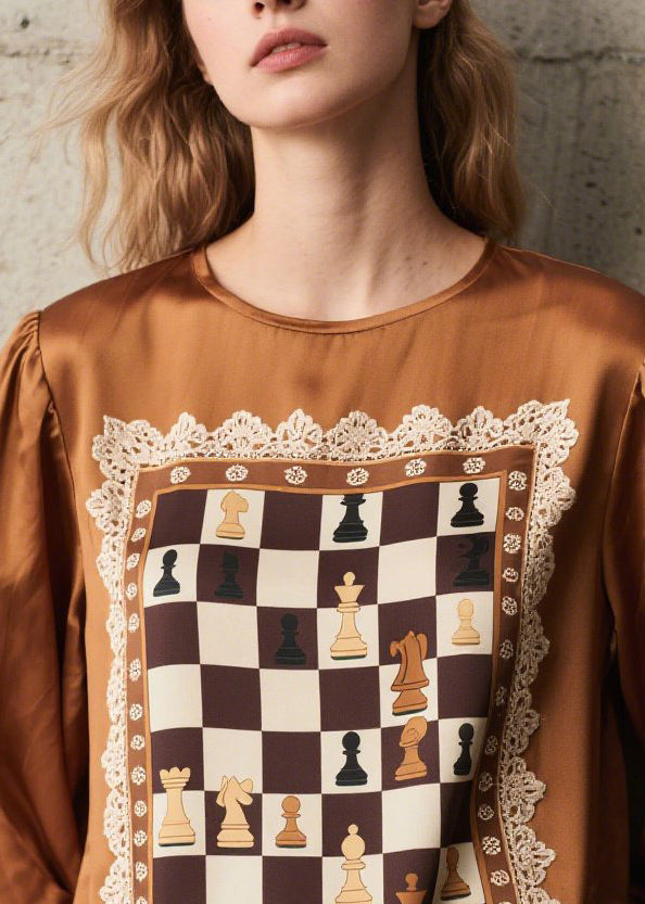 Women Brown Print Patchwork Silk Shirts Spring