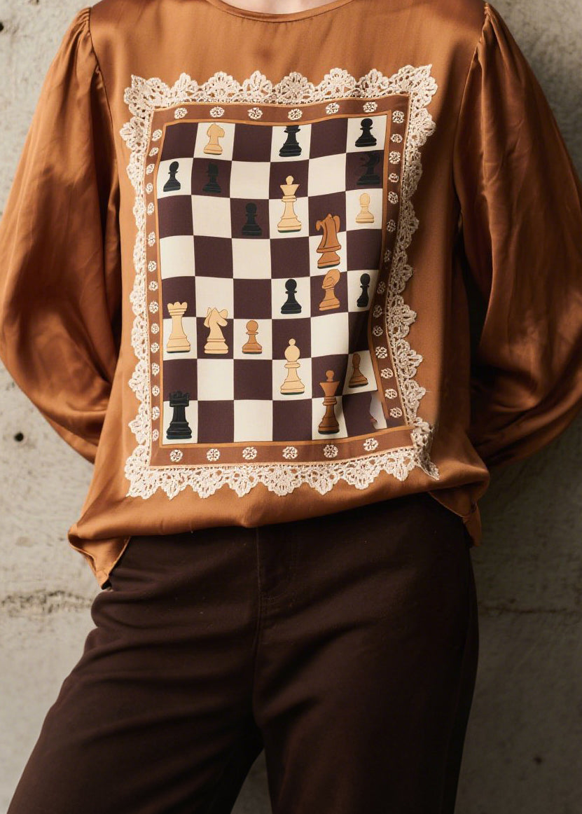 Women Brown Print Patchwork Silk Shirts Spring