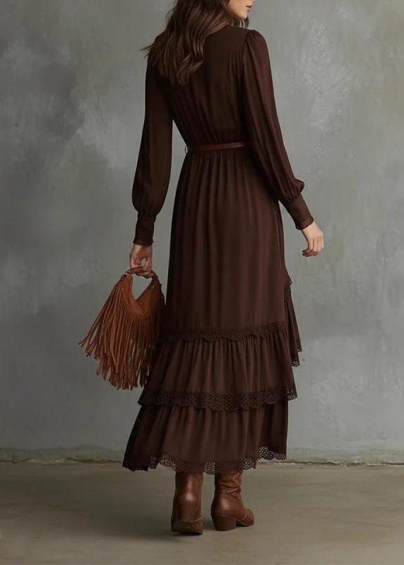 Women Brown Ruffled Low High Design Cotton Vacation Dresses Fall