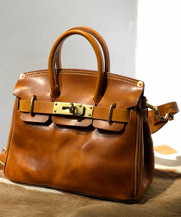 Women Brown Solid Durable Patchwork Golden Leather Tote Handbag