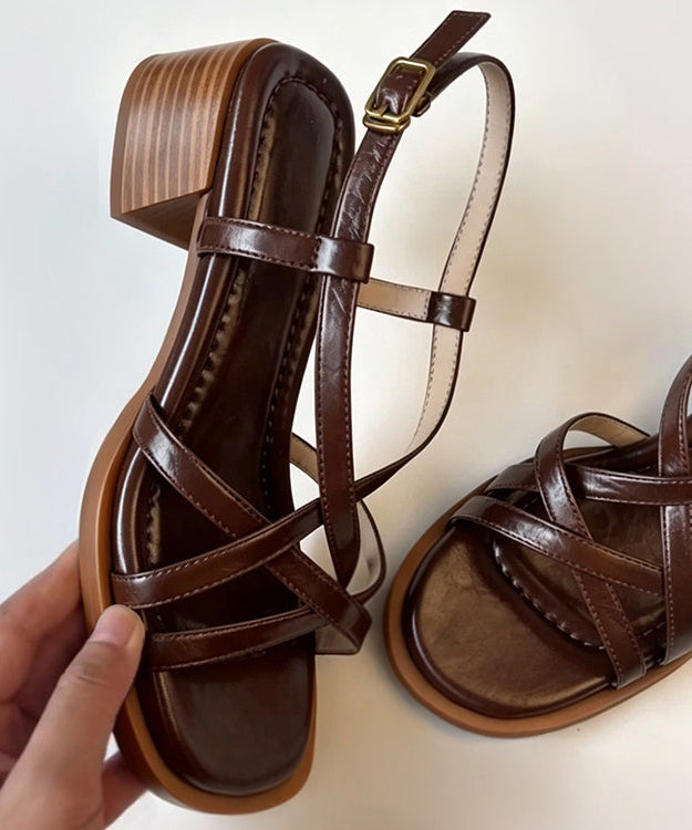 Women Brown Splicing Chunky Heel Sandals Peep Toe