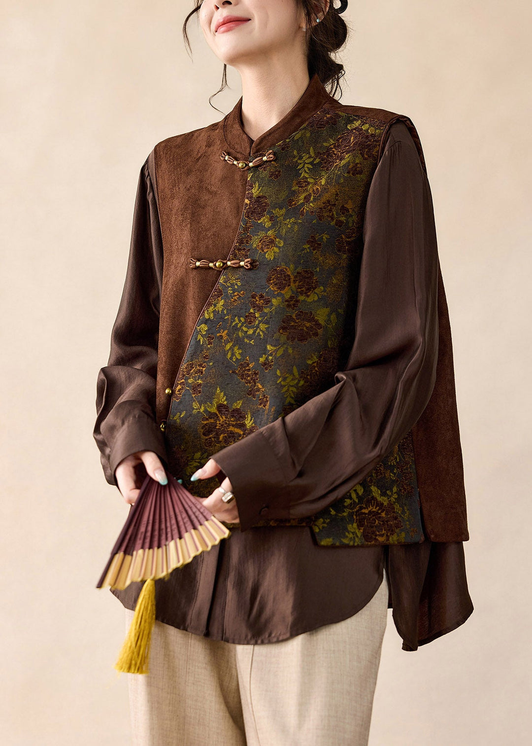Women Brown Stand Collar Asymmetrical Patchwork Faux Suede Waistcoat Fall