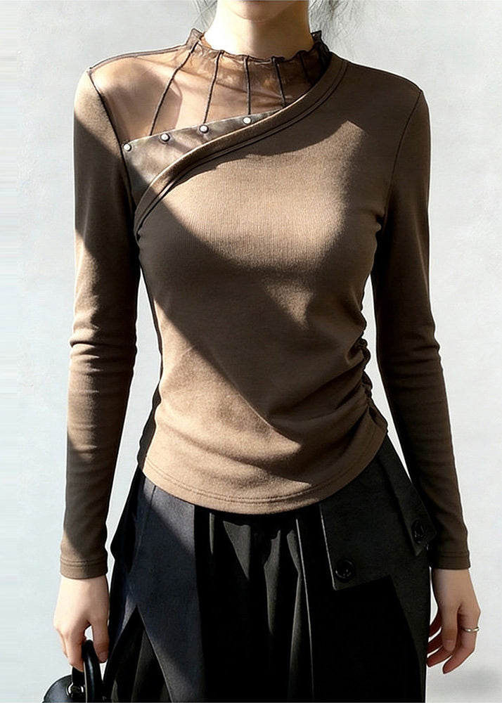 Women Brown Stand Collar Patchwork Wrinkled Cotton Blouse Top Spring