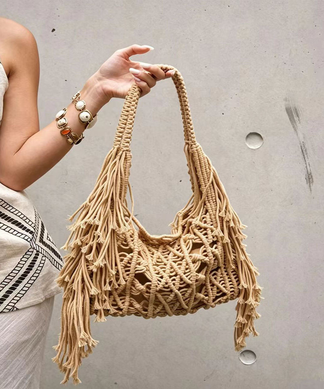 Women Brown Tassel Knitted Cotton Thread Hollow Out Shoulder Bag