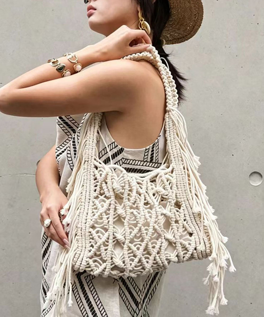 Women Brown Tassel Knitted Cotton Thread Hollow Out Shoulder Bag