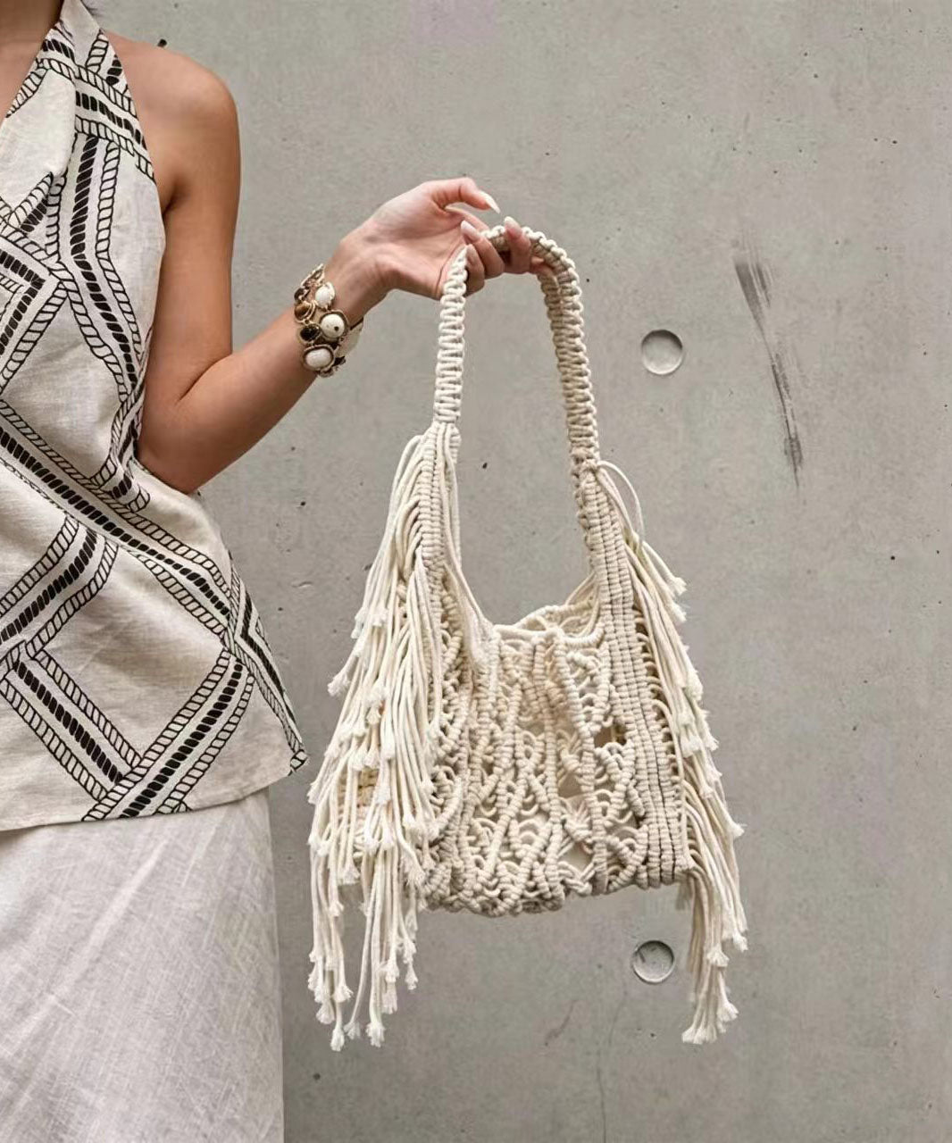 Women Brown Tassel Knitted Cotton Thread Hollow Out Shoulder Bag