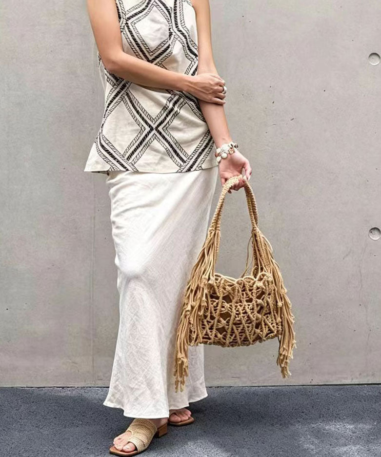 Women Brown Tassel Knitted Cotton Thread Hollow Out Shoulder Bag