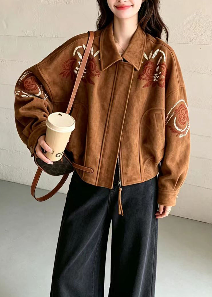 Women Brown Turn-Down Collar Embroidered Faux Suede Jackets Fall
