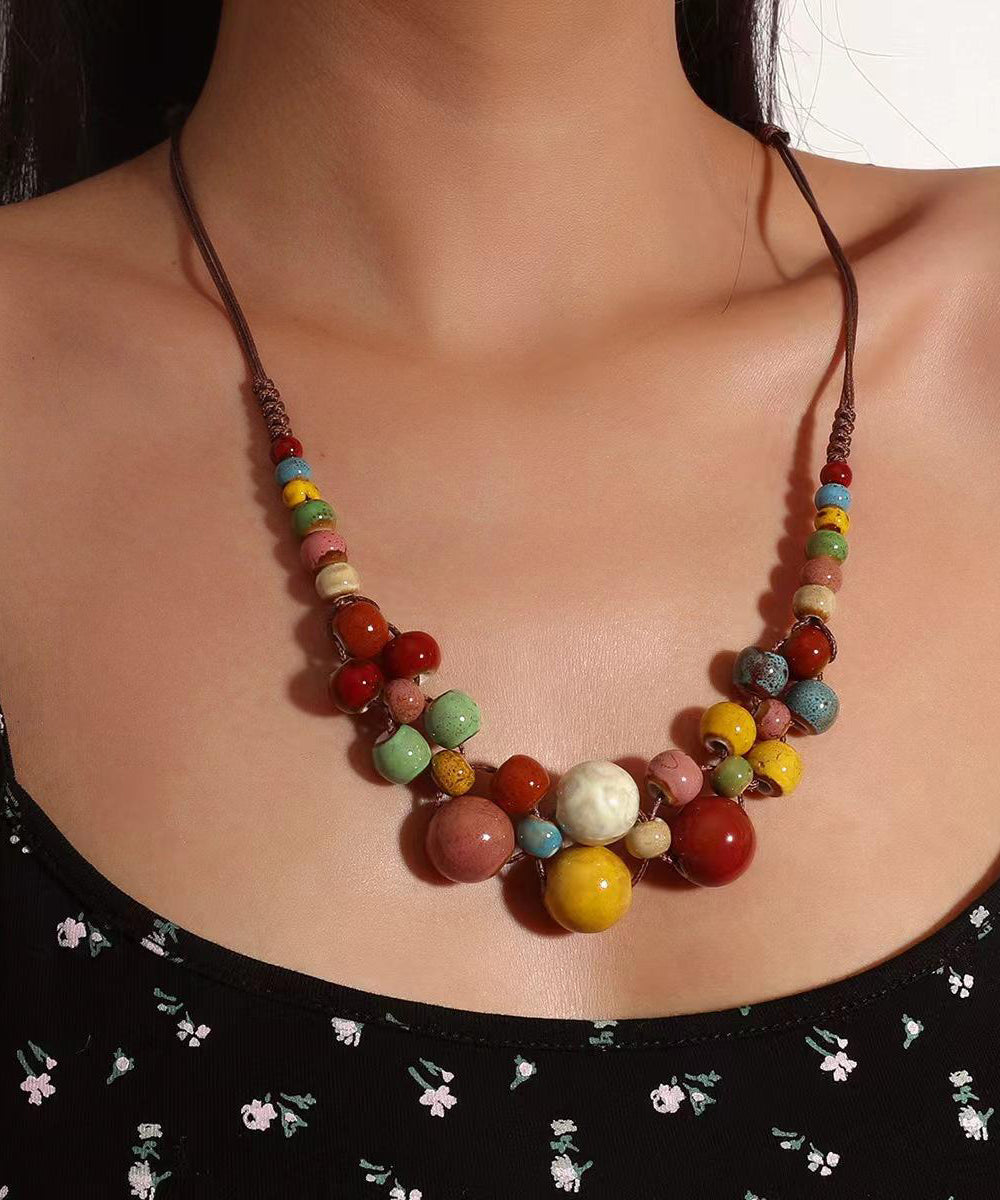 Women Brown Weave Ceramic Beading Gratuated Bead Necklace