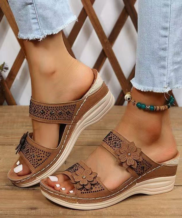 Women Brown Wedge Faux Leather Floral Splicing Slide Sandals