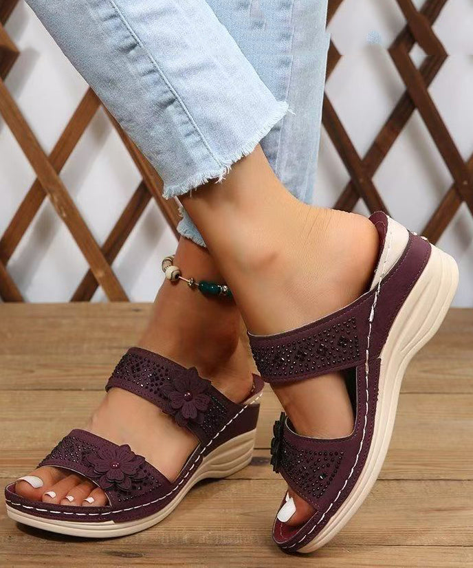 Women Brown Wedge Faux Leather Floral Splicing Slide Sandals