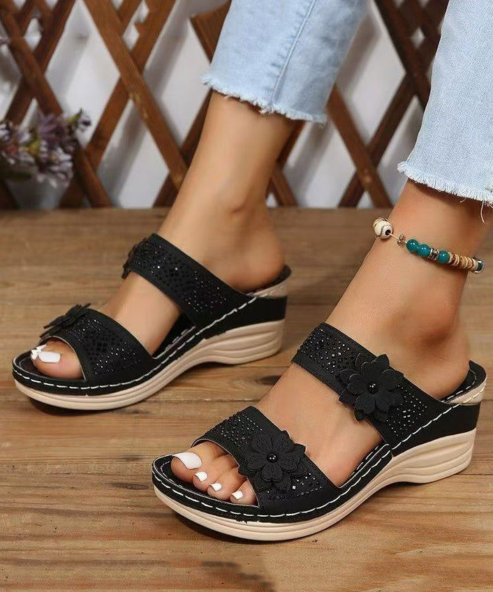 Women Brown Wedge Faux Leather Floral Splicing Slide Sandals