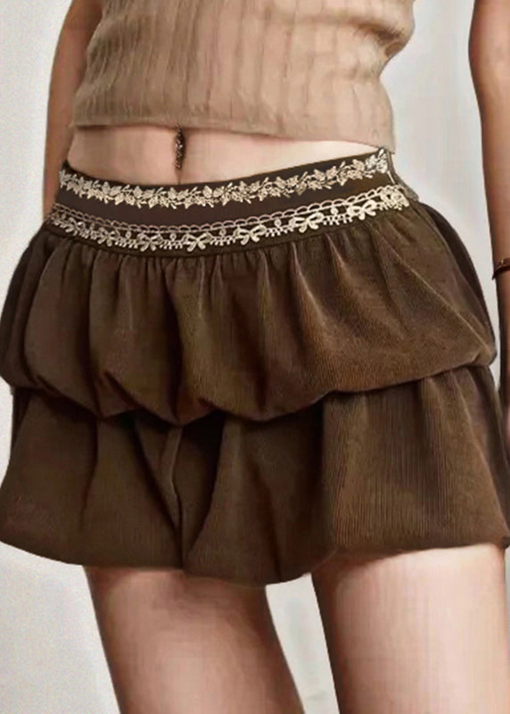 Women Brown Zippered Lace High Waist Corduroy Skirts Summer