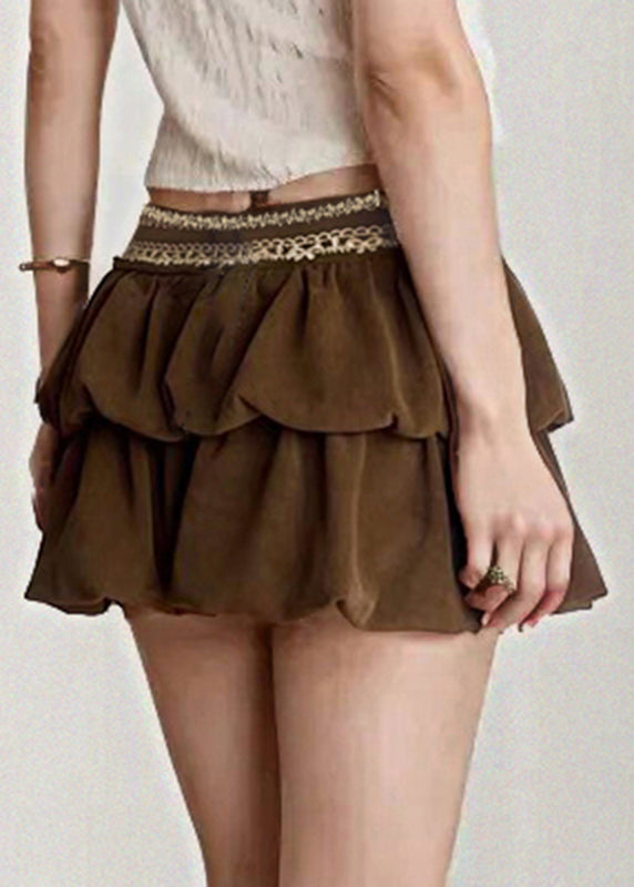 Women Brown Zippered Lace High Waist Corduroy Skirts Summer