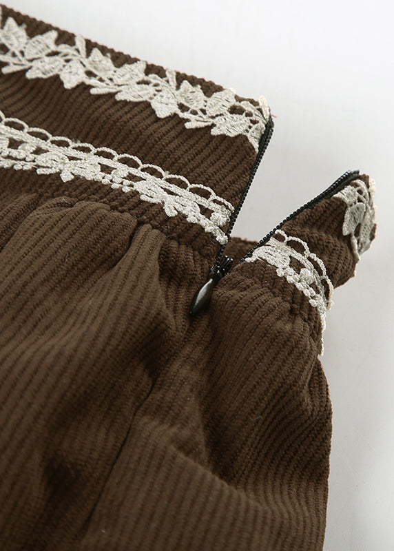 Women Brown Zippered Lace High Waist Corduroy Skirts Summer