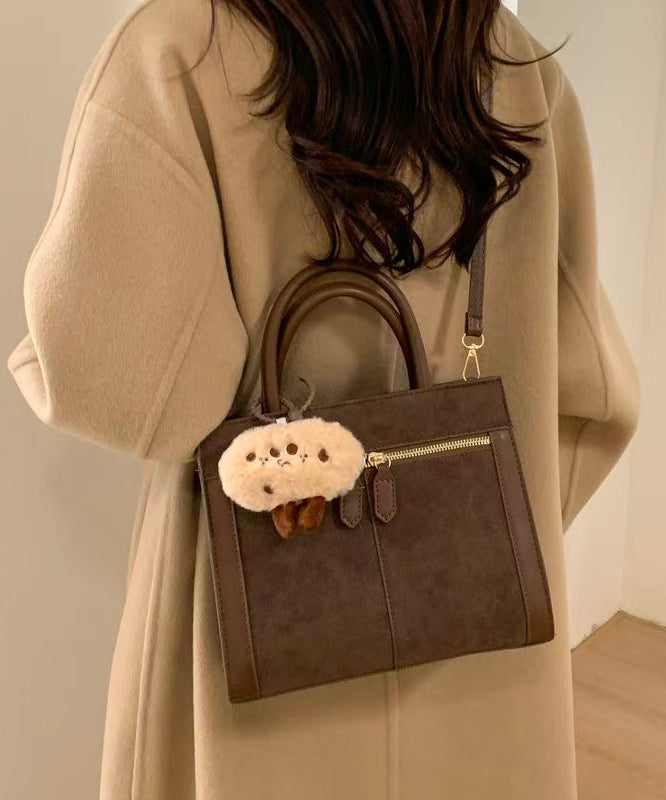 Women Brown Zippered Patchwork Faux Leather Tote Handbag