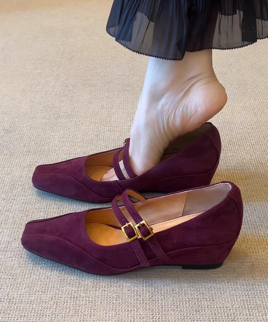 Women Buckle Strap Splicing Wedge Heels Shoes Purple Suede