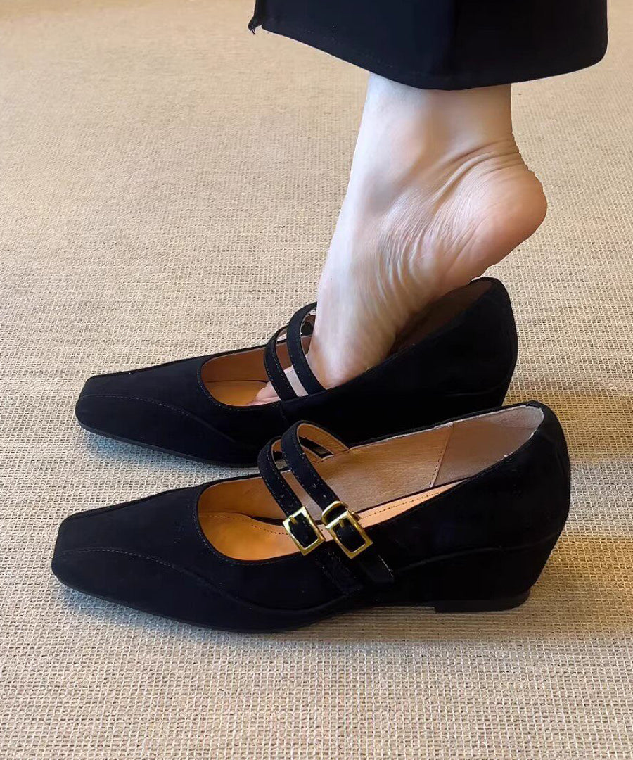 Women Buckle Strap Splicing Wedge Heels Shoes Purple Suede